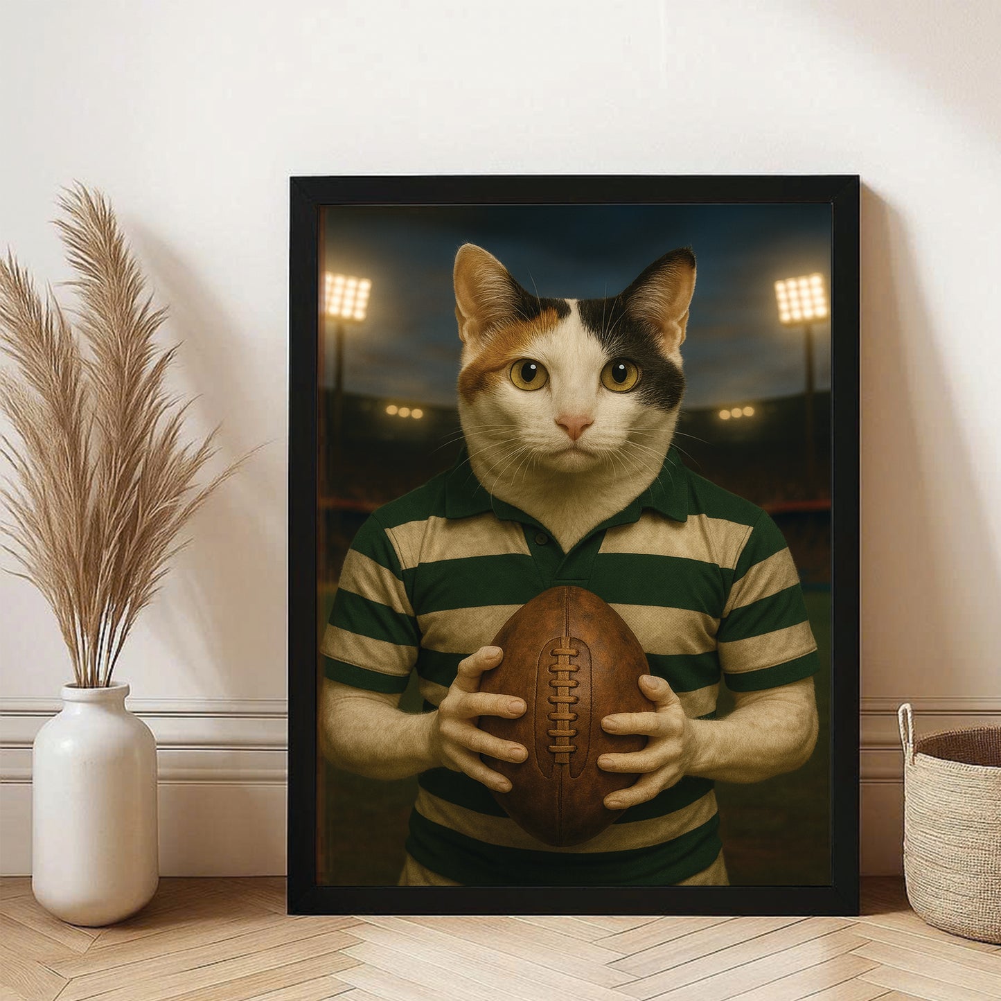 Custom Photo Rugby Player Cat Canvas Framed Wall Art Gift For Cat Lover