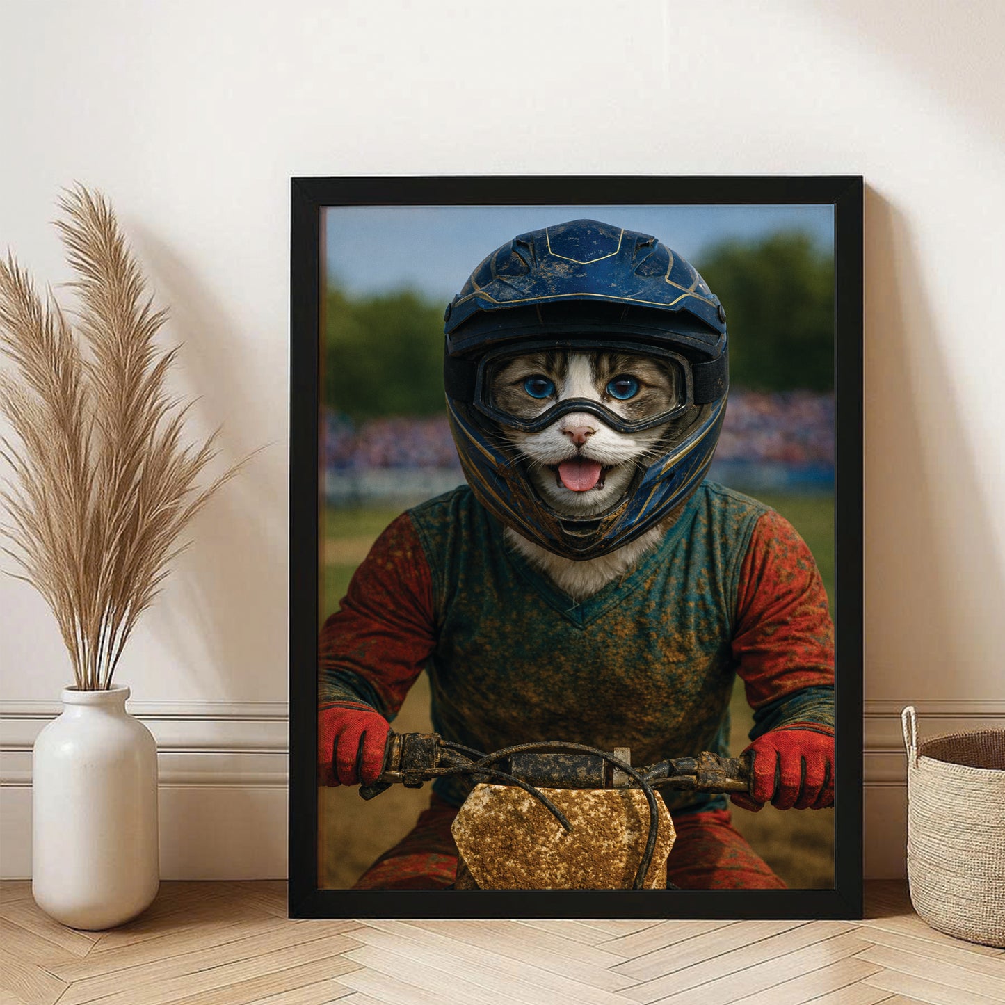 Custom Photo Dirt Bike Cat Canvas Framed Wall Art  Gift For Cat Lovers