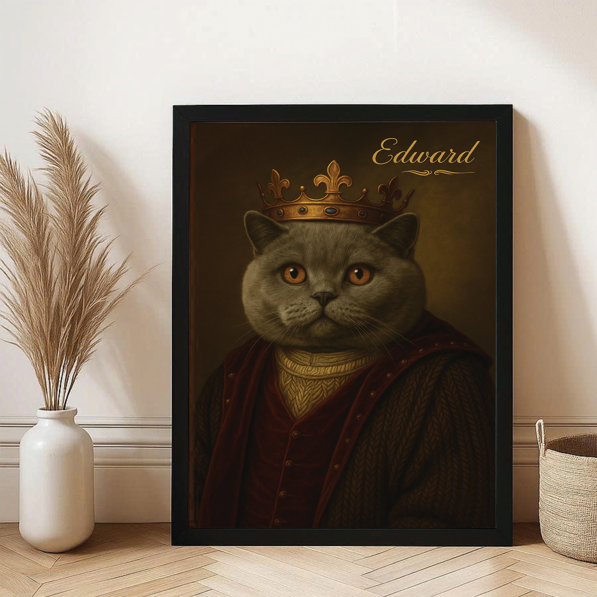 Custom Photo Crown King Cat Canvas Framed Wall Art Gift For Cat Lovers