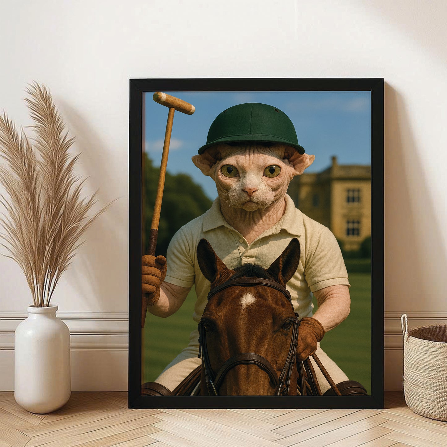 Custom Photo Polo Sport Cat Canvas Framed Wall Art Gift For Cat Lovers