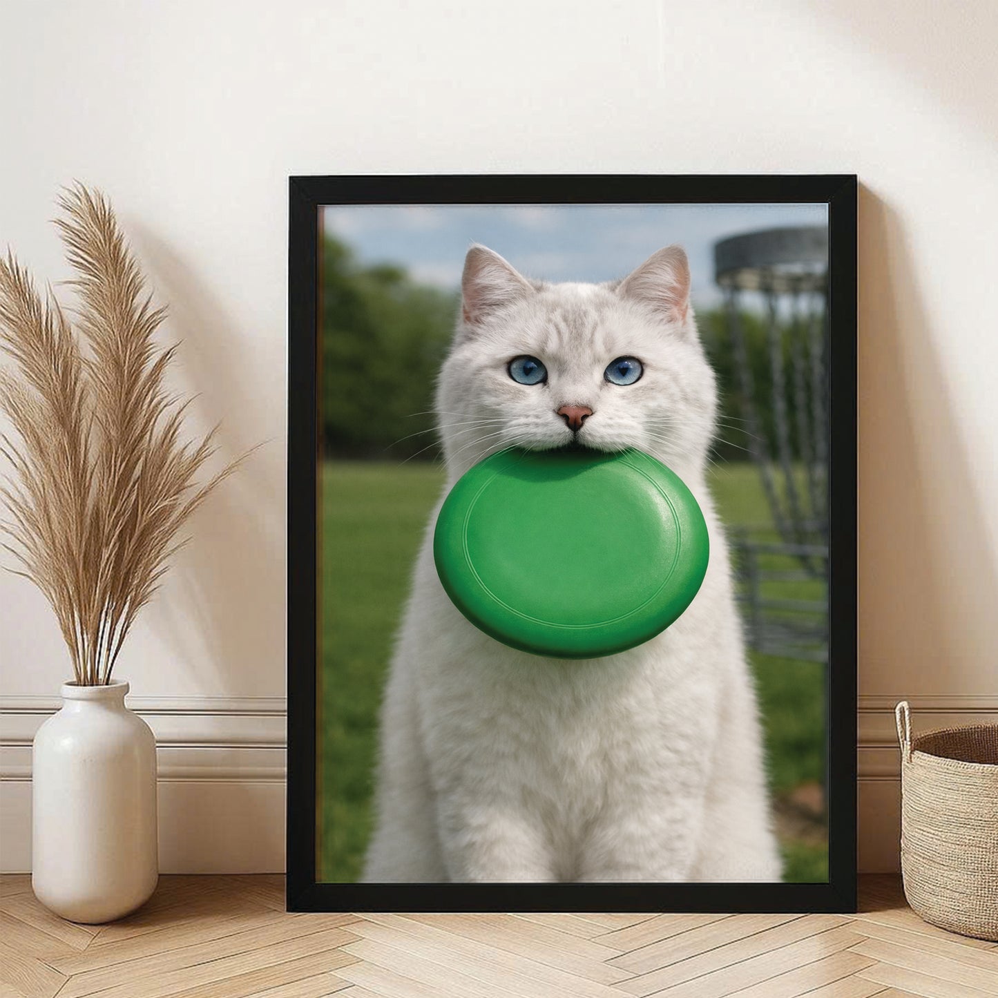 Custom Photo Disc Golf Cat Canvas Framed Wall Art  Gift For Cat Lovers