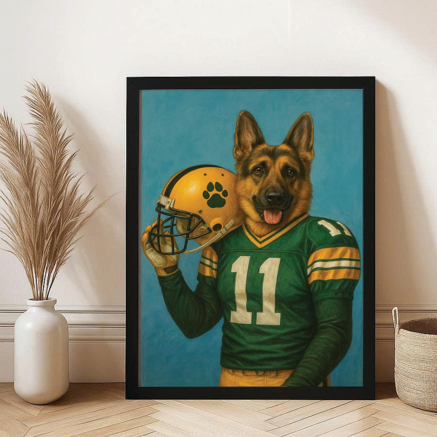 Custom Dog Photo Football Player Canvas Framed Wall Art