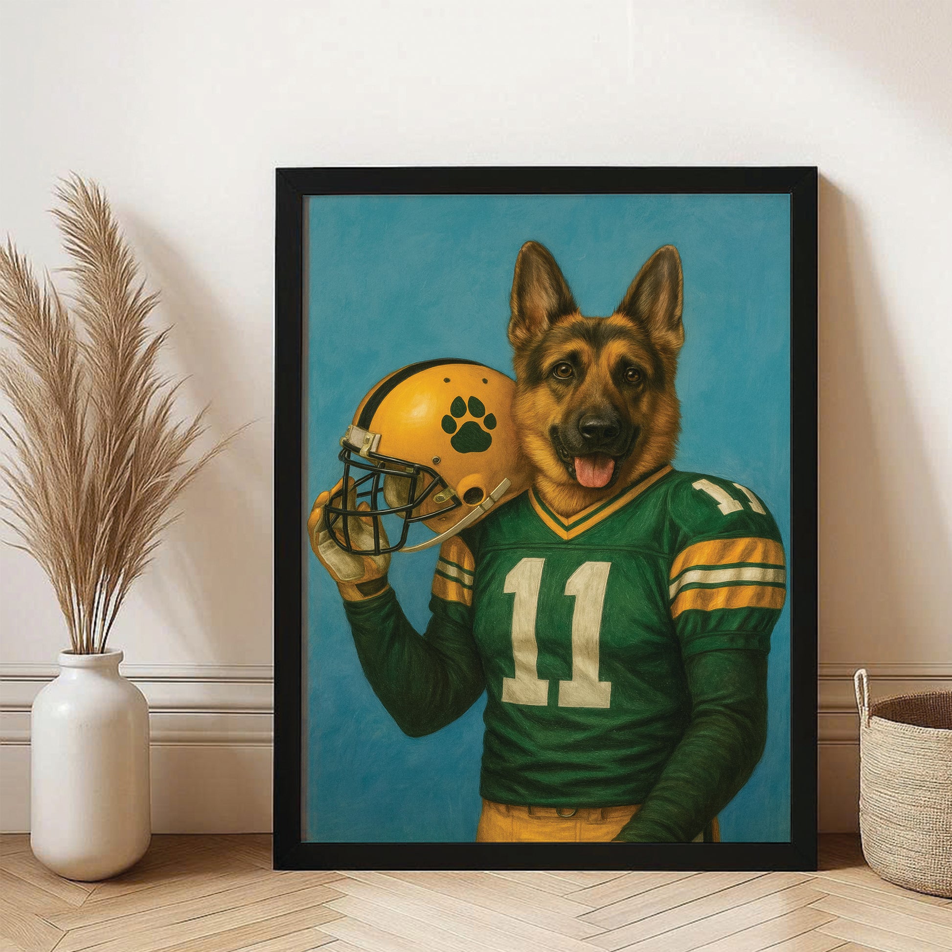 Custom Dog Photo Football Player Canvas Framed Wall Art