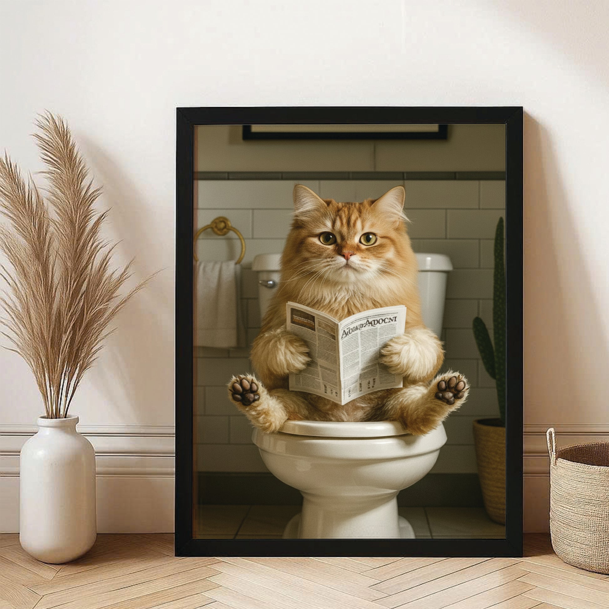 Custom Photo Cat Bathroom Style Canvas Framed Wall Art Gift For Cat Lovers