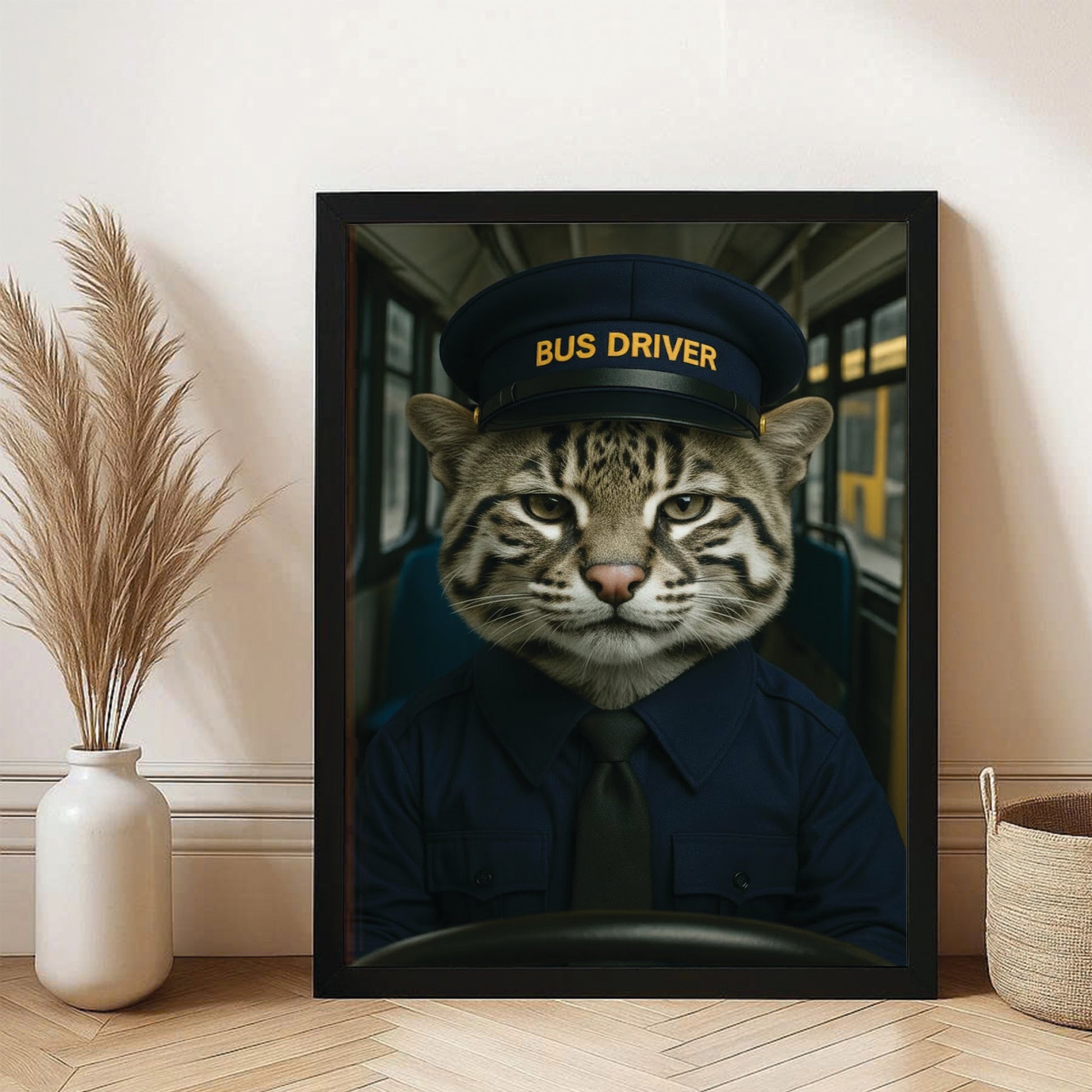 Custom Photo Bus Driver Cat Canvas Framed Wall Art Gift For Cat Lovers