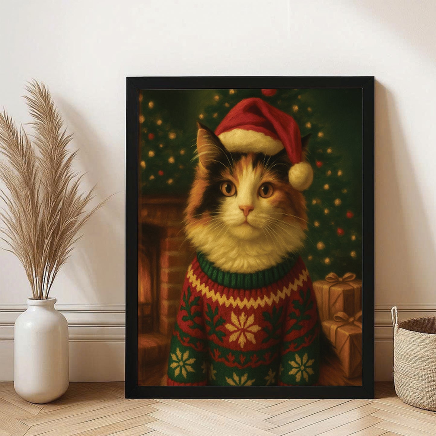 Custom Photo Cat Christmas Oufit Canvas Framed Wall Art