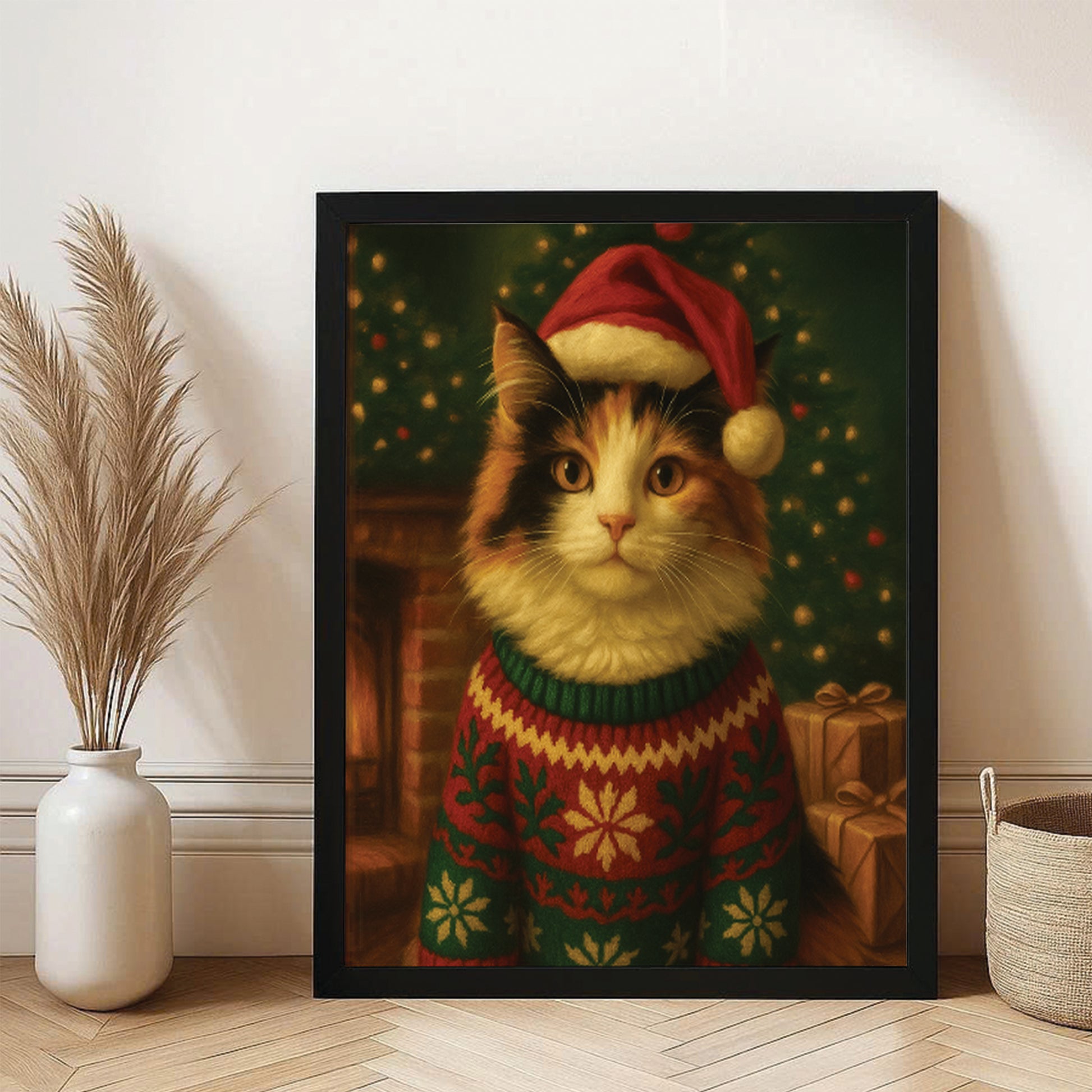 Custom Photo Cat Christmas Oufit Canvas Framed Wall Art