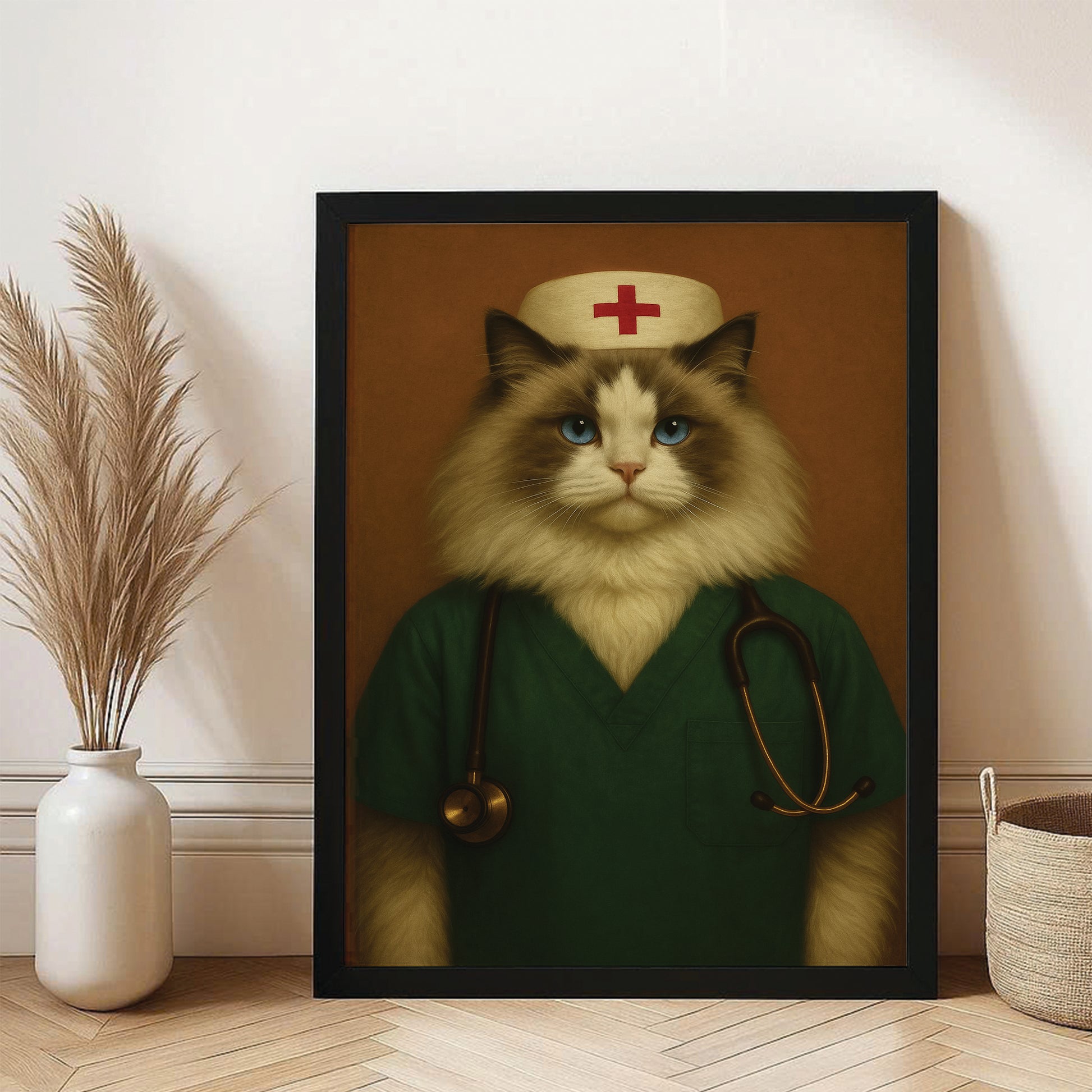 Custom Photo Nurse Cat Canvas Framed Wall Art Gift For Cat Lovers