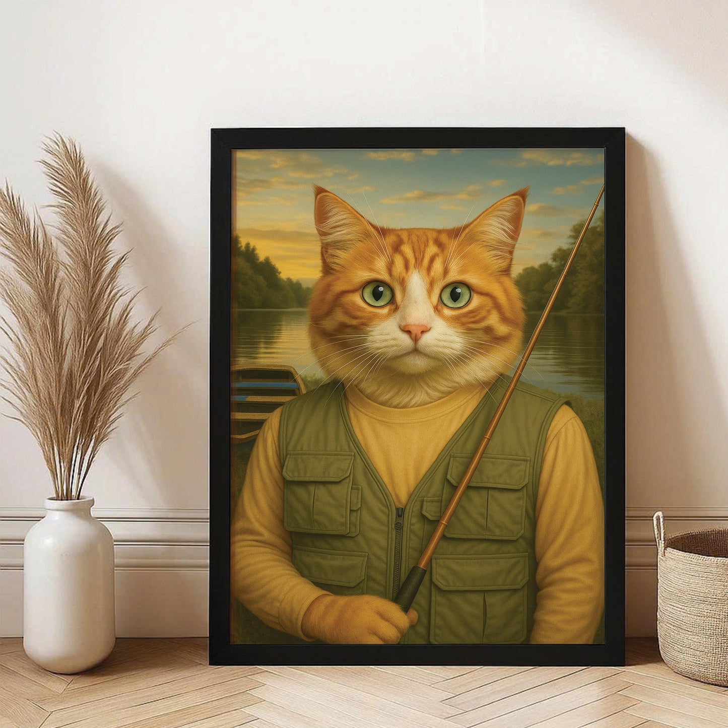 Custom Photo Fisherman Cat Canvas Framed Wall Art