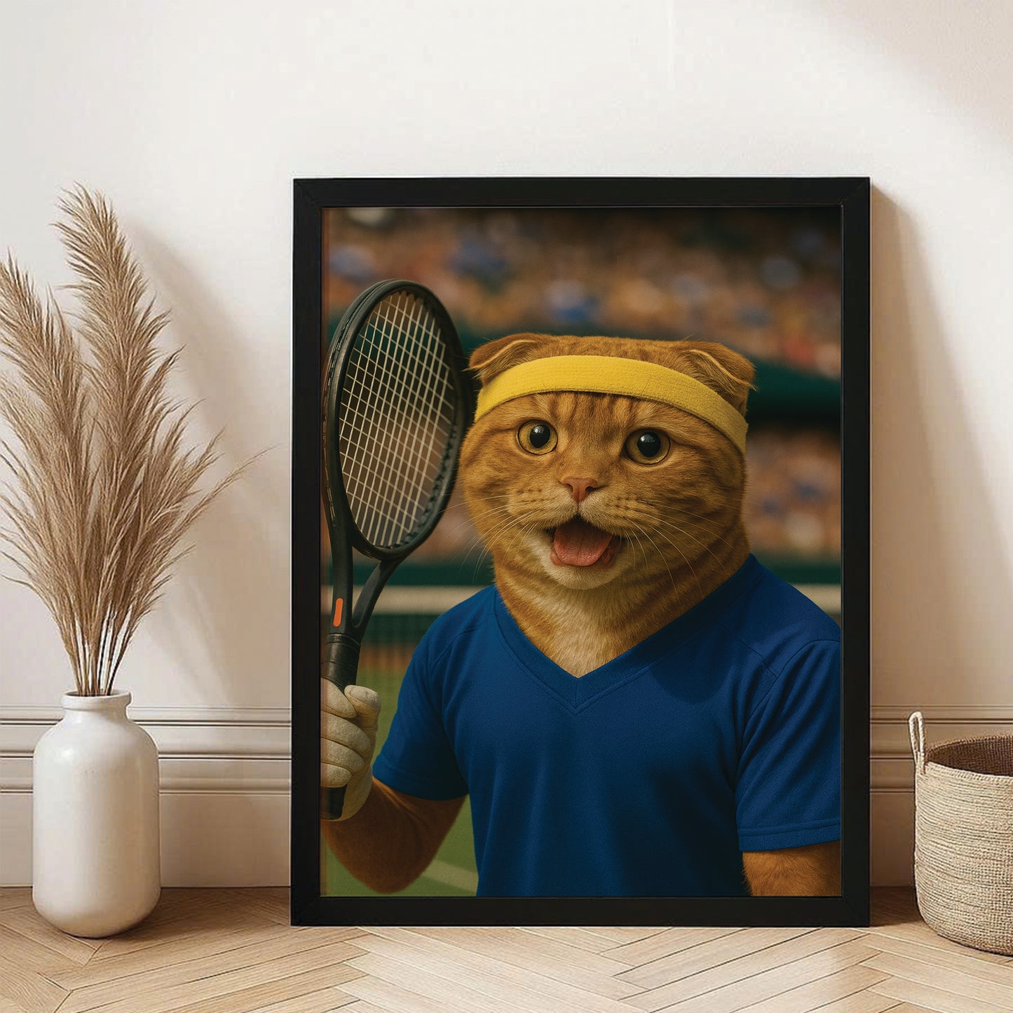 Custom Photo Tennis Player Cat Canvas Framed Wall Art Gift For Cat Lovers