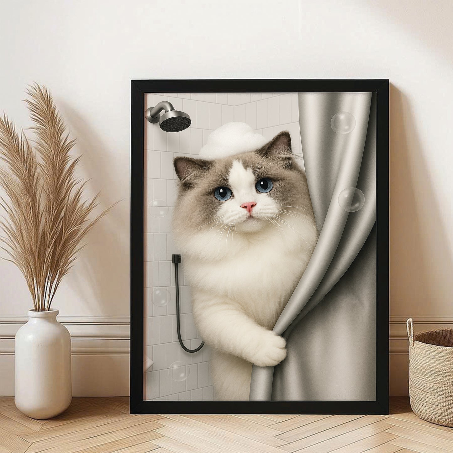 Custom Cat Photo Cat  In Bathroom Canvas Framed Wall Art Gift For Cat Lovers