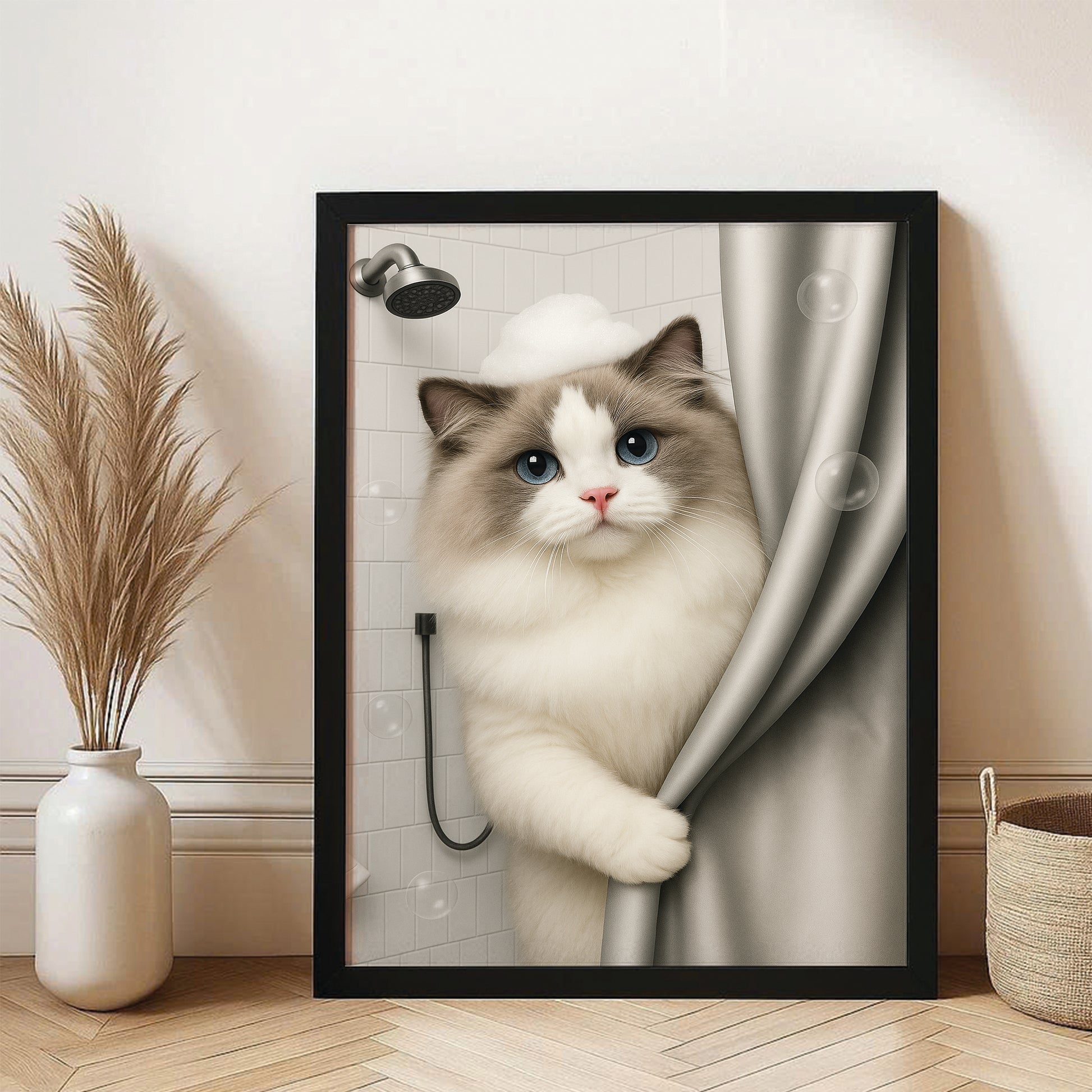 Custom Cat Photo Cat  In Bathroom Canvas Framed Wall Art Gift For Cat Lovers