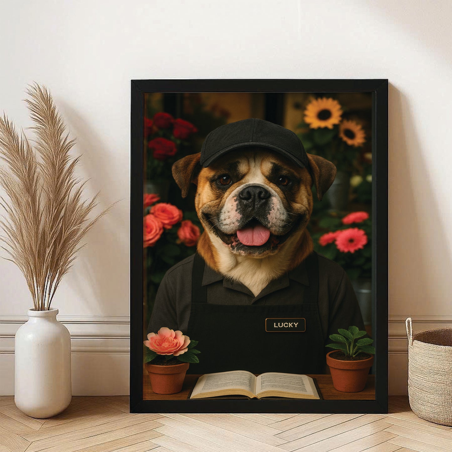 Custom Photo Flower Shop Florist Dog Canvas Framed Wall Art Gift For Dog Lovers