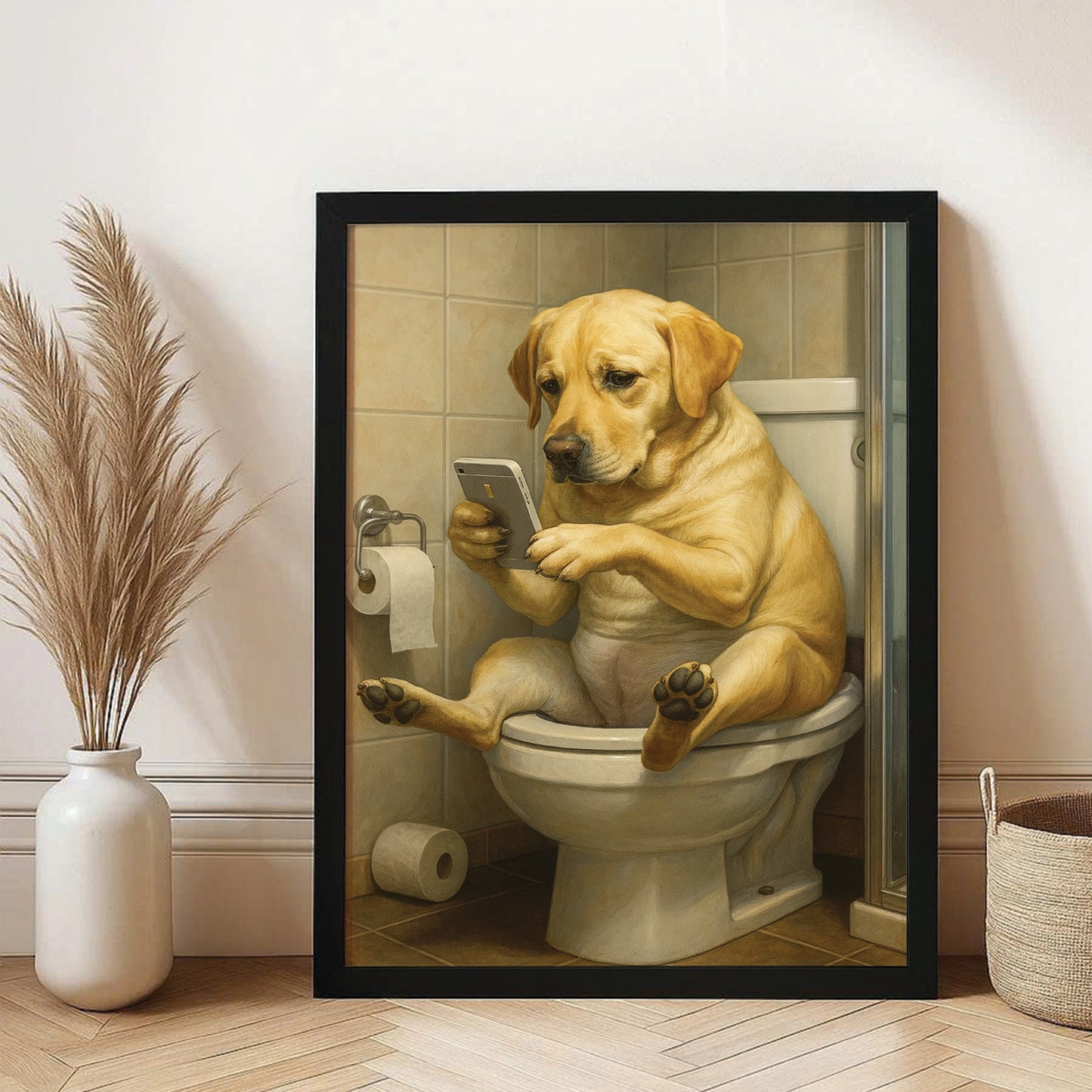 Custom Photo Dog Bathroom Style 3 Canvas Framed Wall Art Gift For Dog Lovers