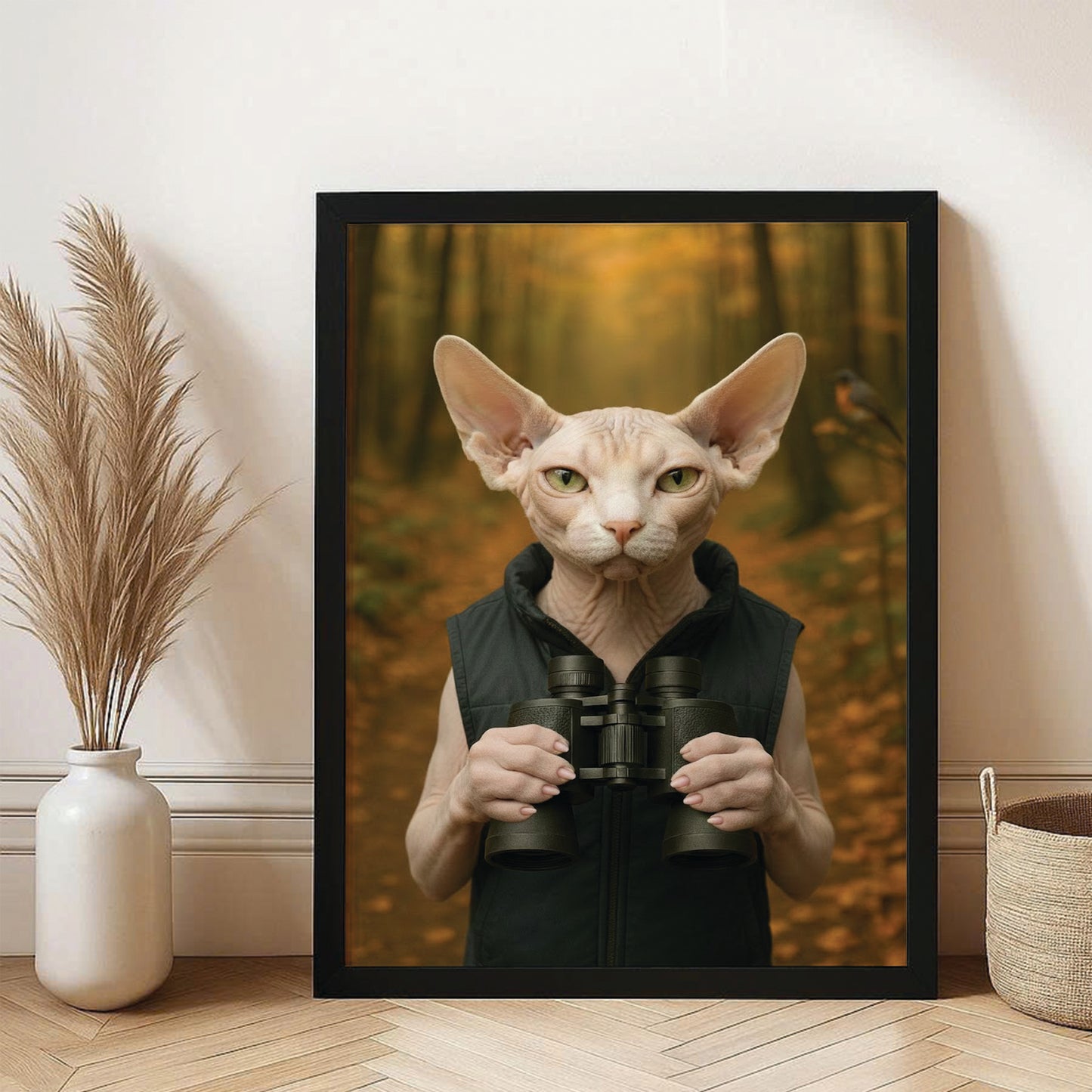 Custom Photo Bird Watching Cat Canvas Framed Wall Art Gift For Cat Lovers