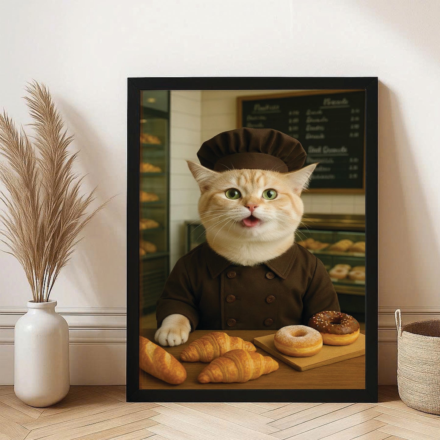 Custom Photo Baker Corgi Cat Canvas Framed Wall Art Gift For Cat Lovers