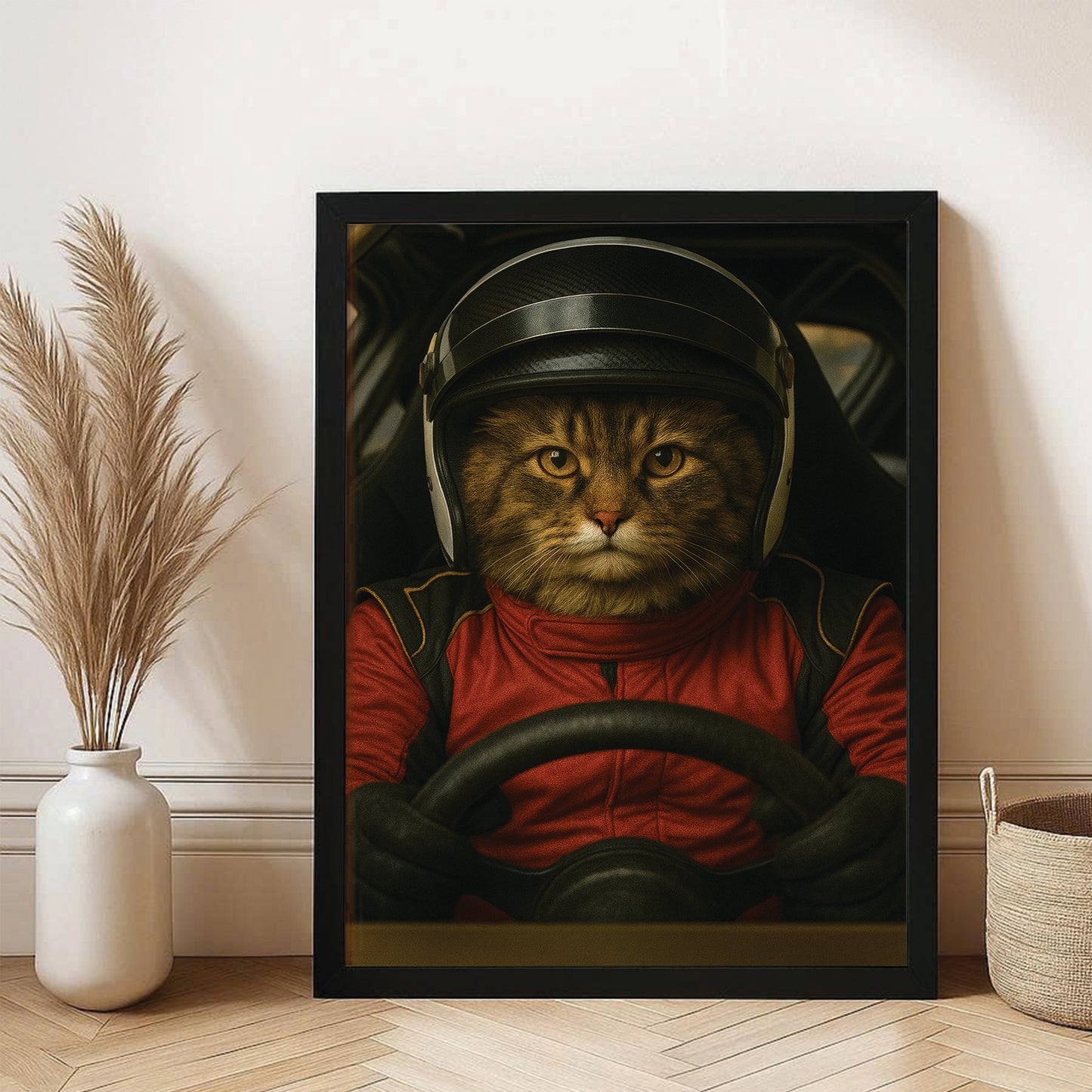 Custom Photo Racing Driver Cat Canvas Framed Wall Art Gift For Cat Lovers