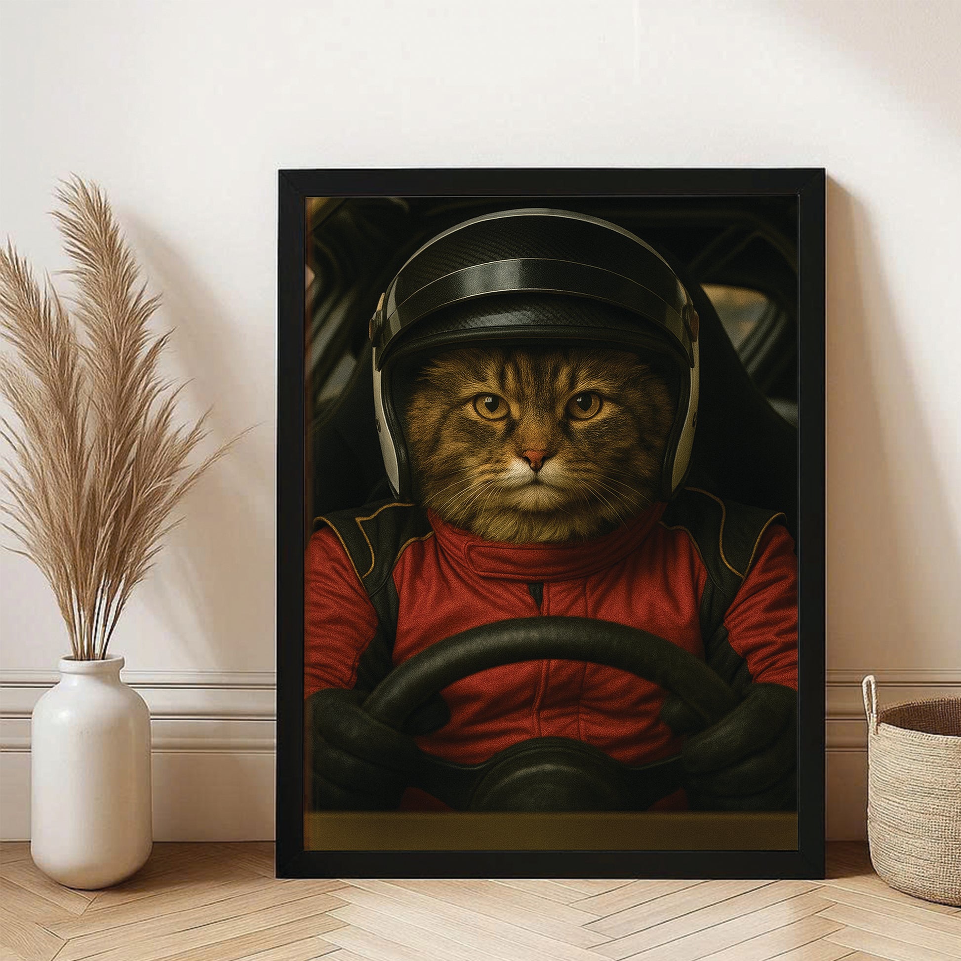 Custom Photo Racing Driver Cat Canvas Framed Wall Art Gift For Cat Lovers