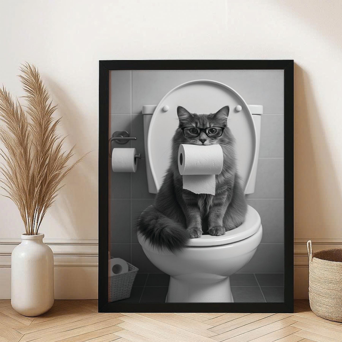 Custom Photo Cat Bathroom Style 5 Canvas Framed Wall Art Gift For Cat Lovers