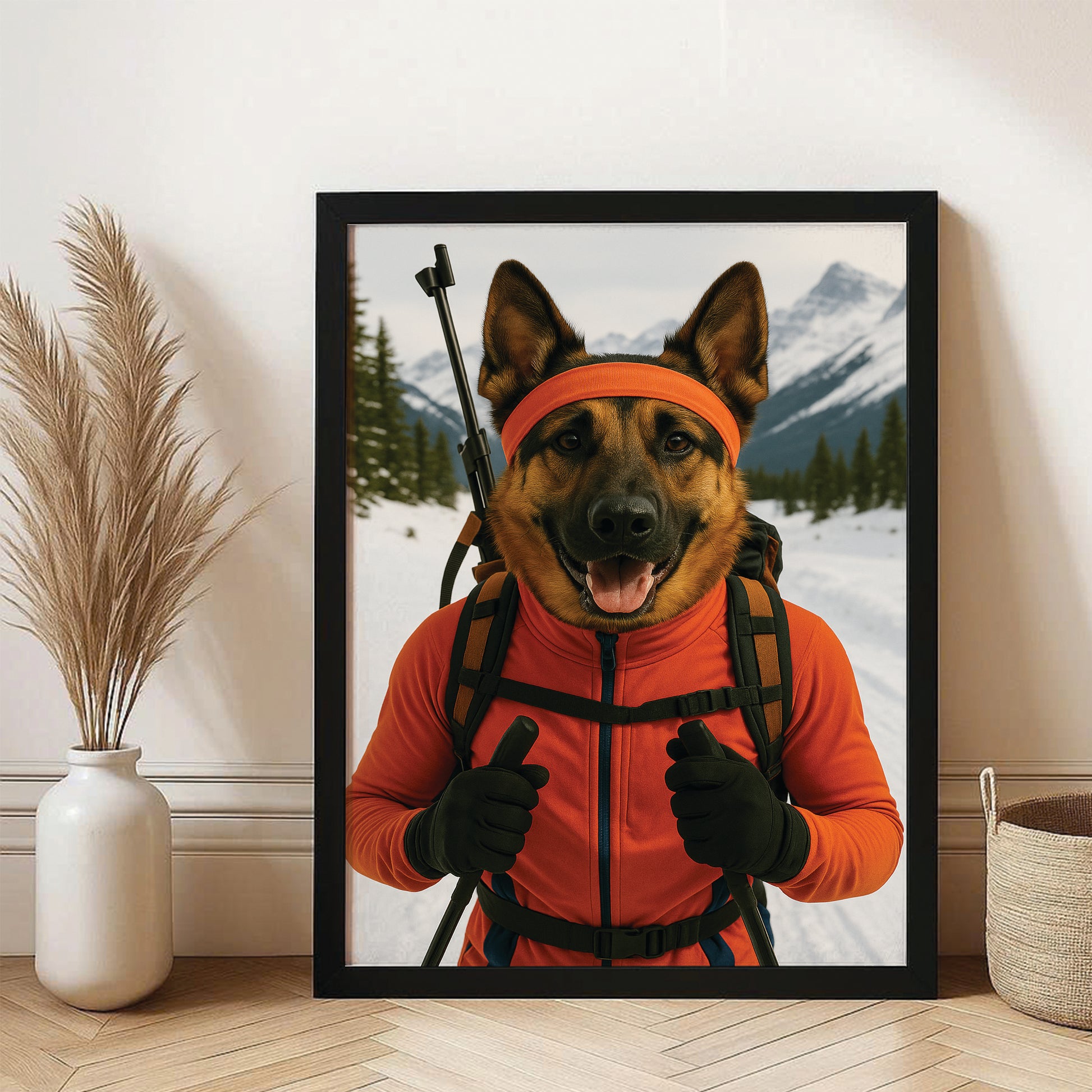 Custom Photo Biathlete Cross Country Skiing Dog Canvas Framed Wall Art Gift For Dog Lovers