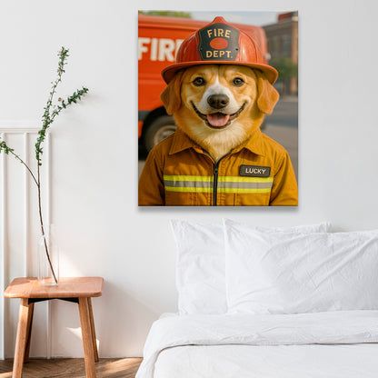 Custom Photo Fire Fighter Dog Canvas Gift For Dog Lovers