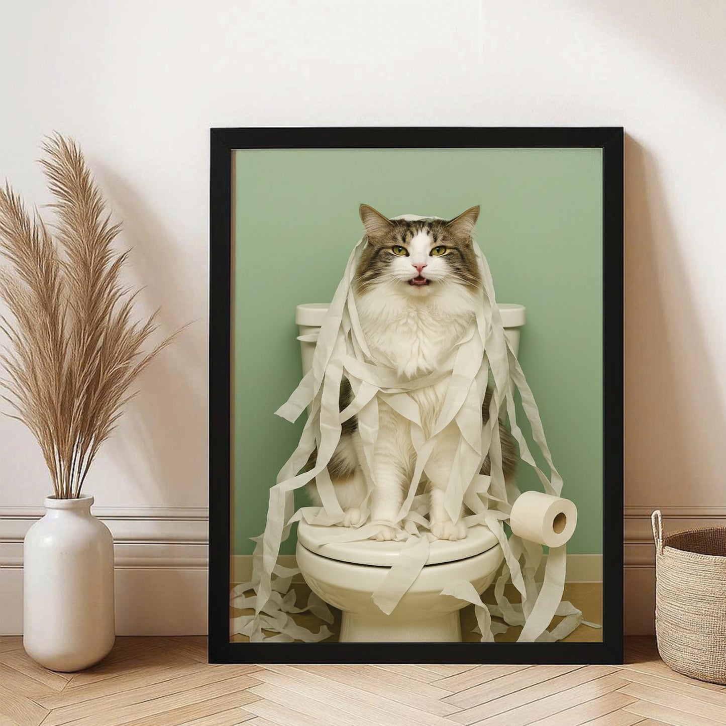Custom Photo Cat Bathroom Style 26 Canvas Framed Wall Art Gift For Cat Lovers