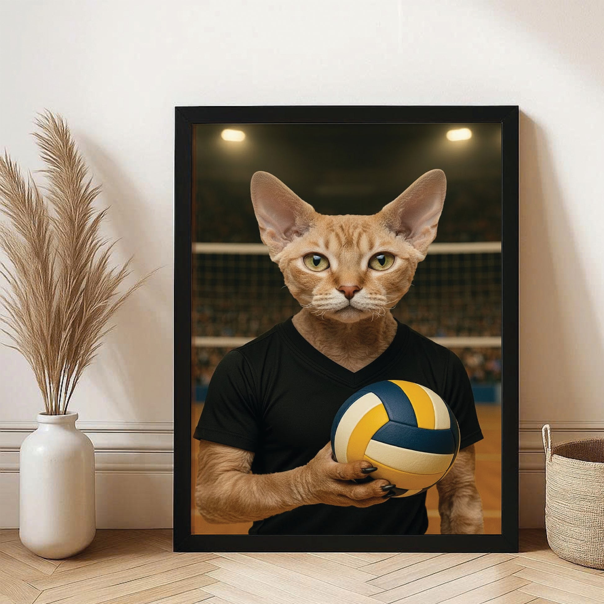 Custom Photo Volleyball Player Cat Canvas Framed Wall Art Gift For Cat Lovers