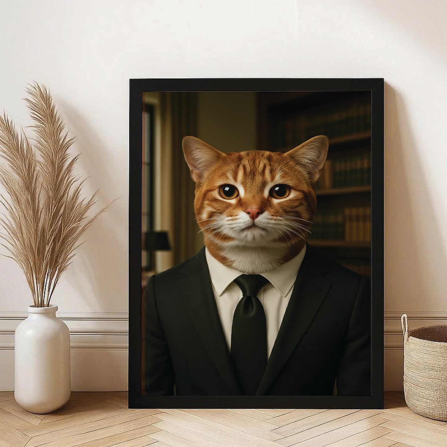 Custom Photo Business man Ceo Cat Canvas Framed Wall Art Gift For Cat Lovers