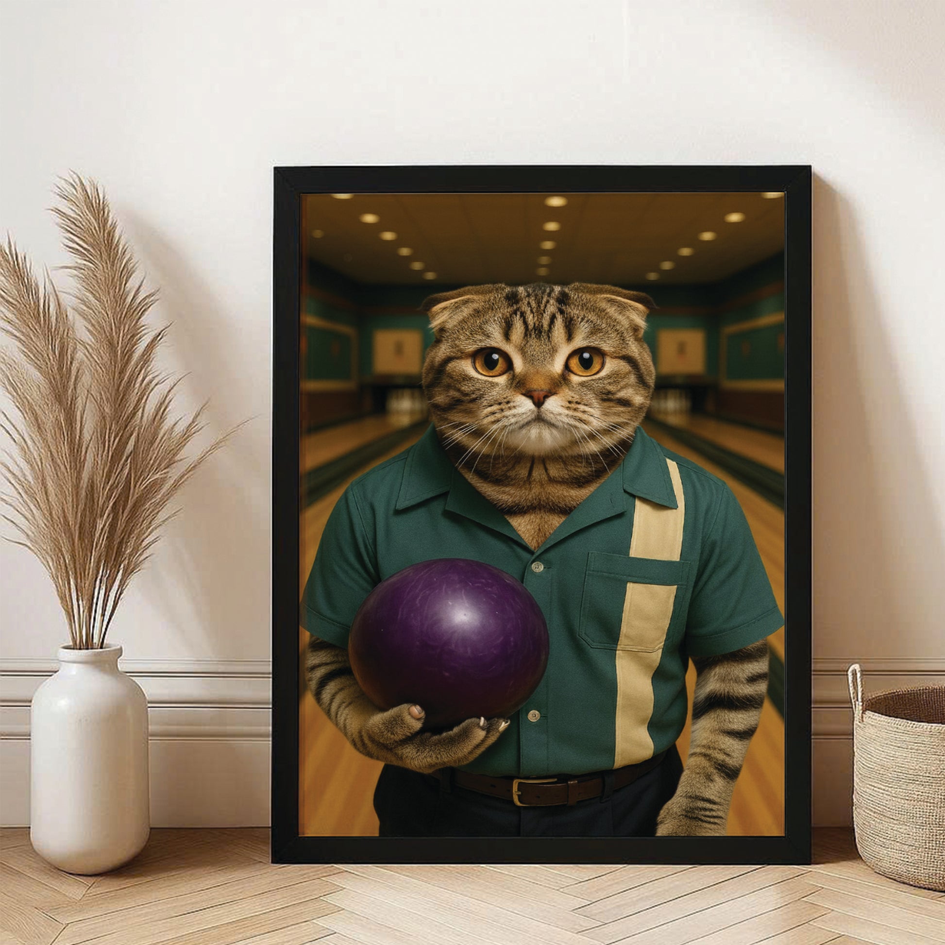 Custom Photo Bowling Cat Canvas Framed Wall Art Gift For Cat Lovers