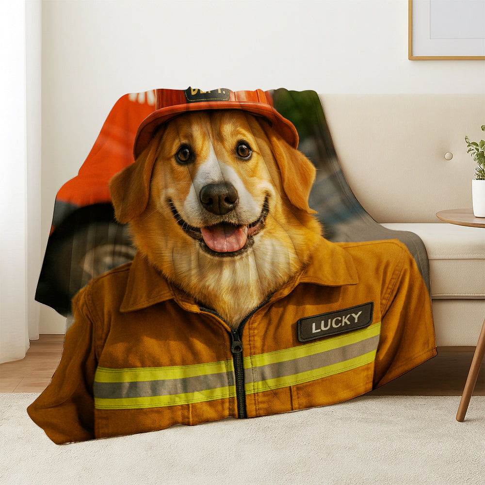 Custom Photo Fire Fighter Dog BlanketGift For Dog Lovers
