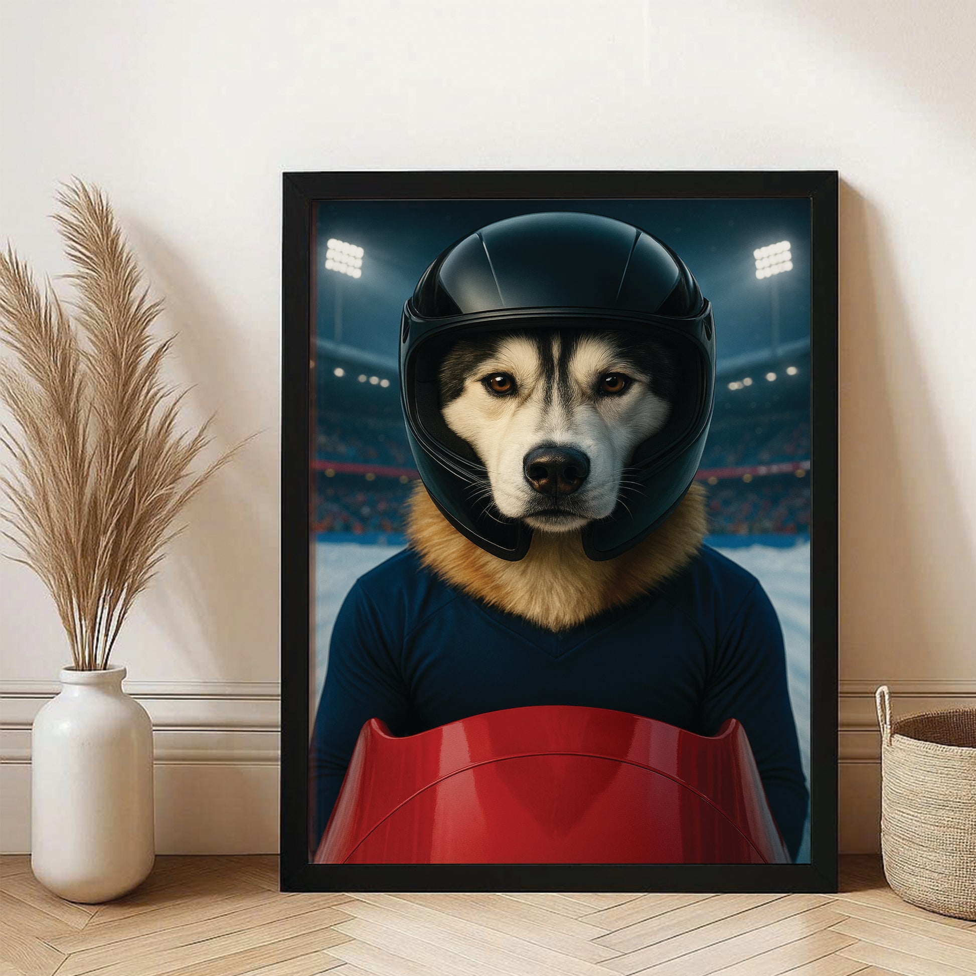 Custom Photo Bobsled Winter Race Dog Canvas Framed Wall Art Gift For Dog Lovers