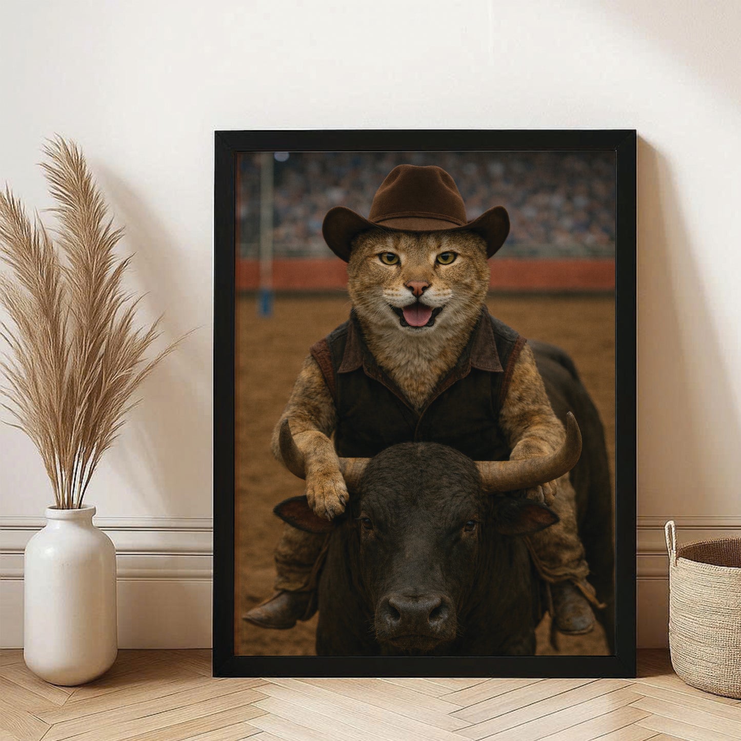 Custom Photo Bull Rider Cowboy Cat Canvas Framed Wall Art Gift For Cat Lovers