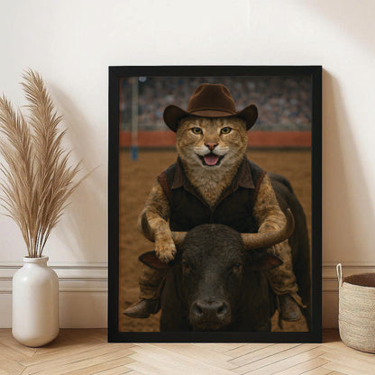 Custom Photo Bull Rider Cowboy Cat Canvas Framed Wall Art Gift For Cat Lovers
