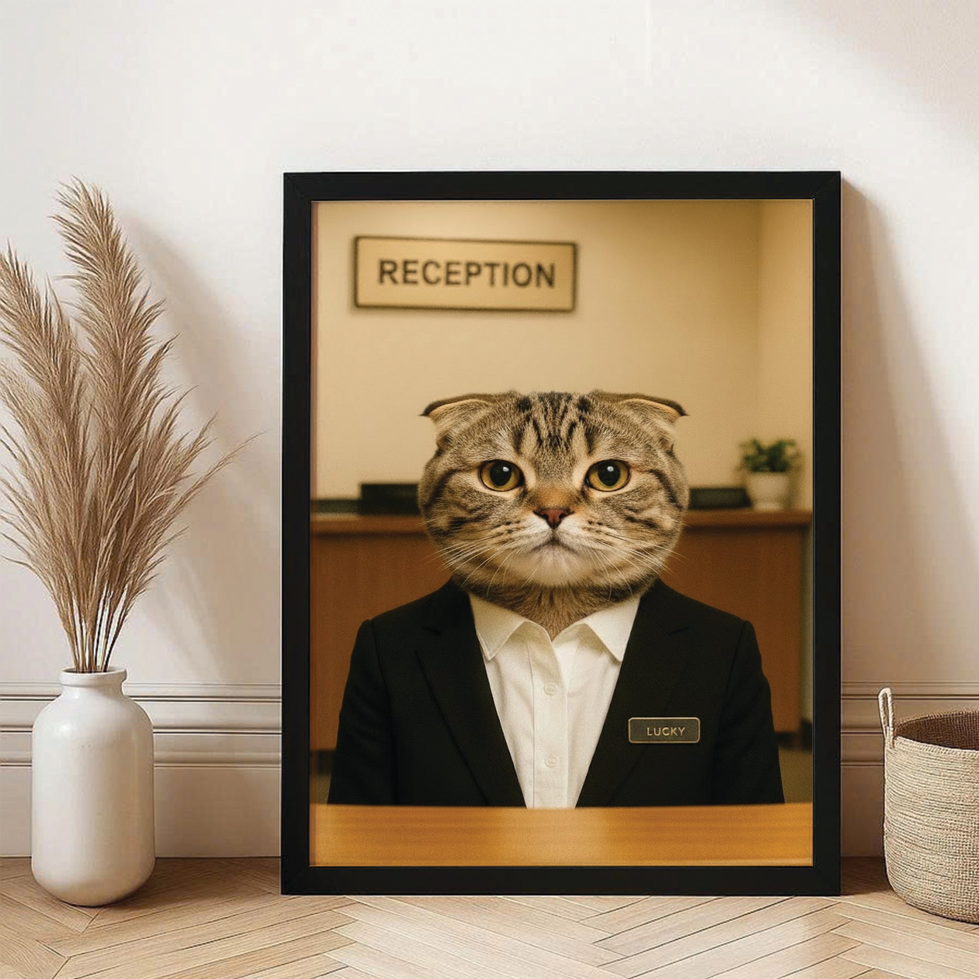 Custom Photo Receptionist Cat Canvas Framed Wall Art Gift For Cat Lovers
