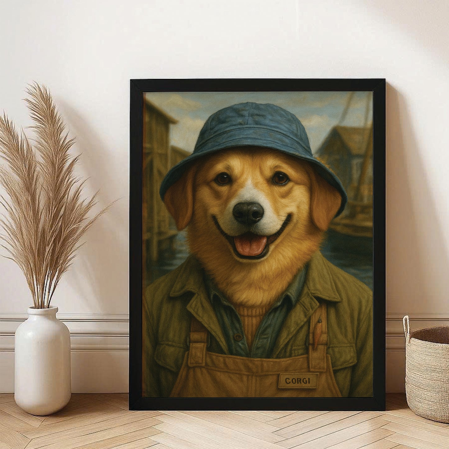 Custom Photo Fisherman Dog Canvas Framed Wall Art Gift For Dog Lovers