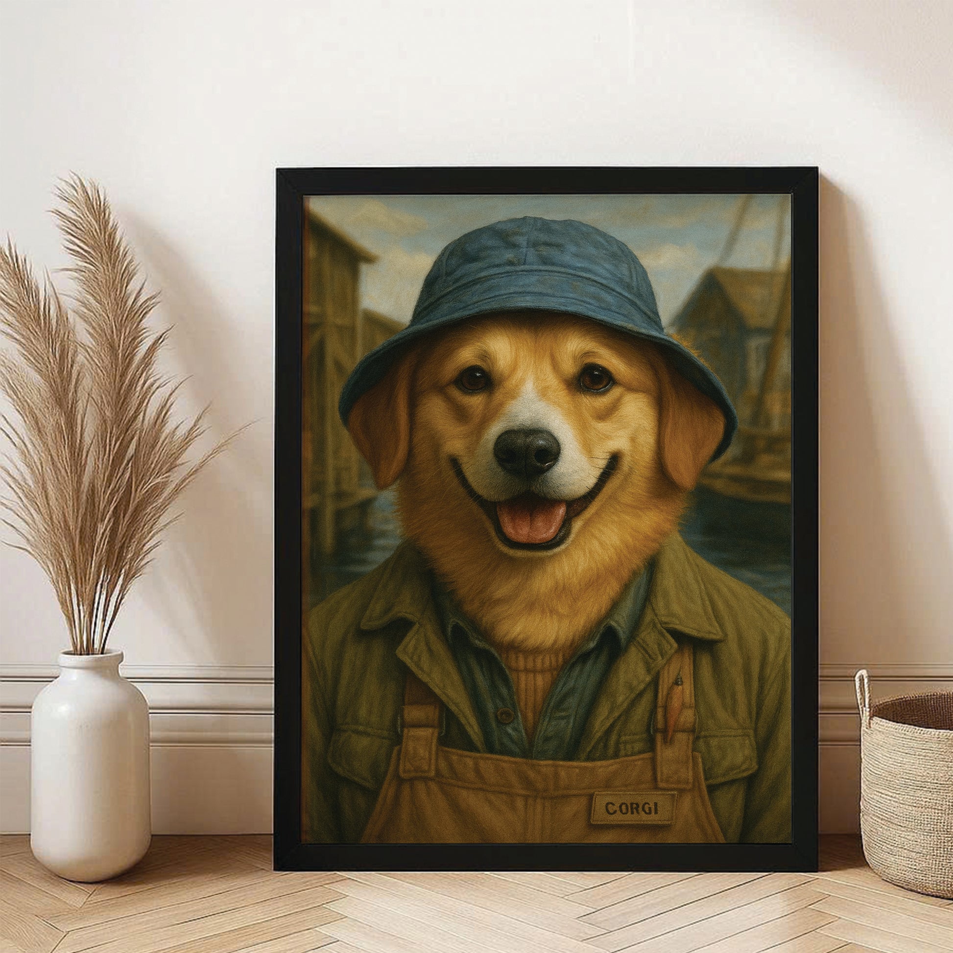 Custom Photo Fisherman Dog Canvas Framed Wall Art Gift For Dog Lovers