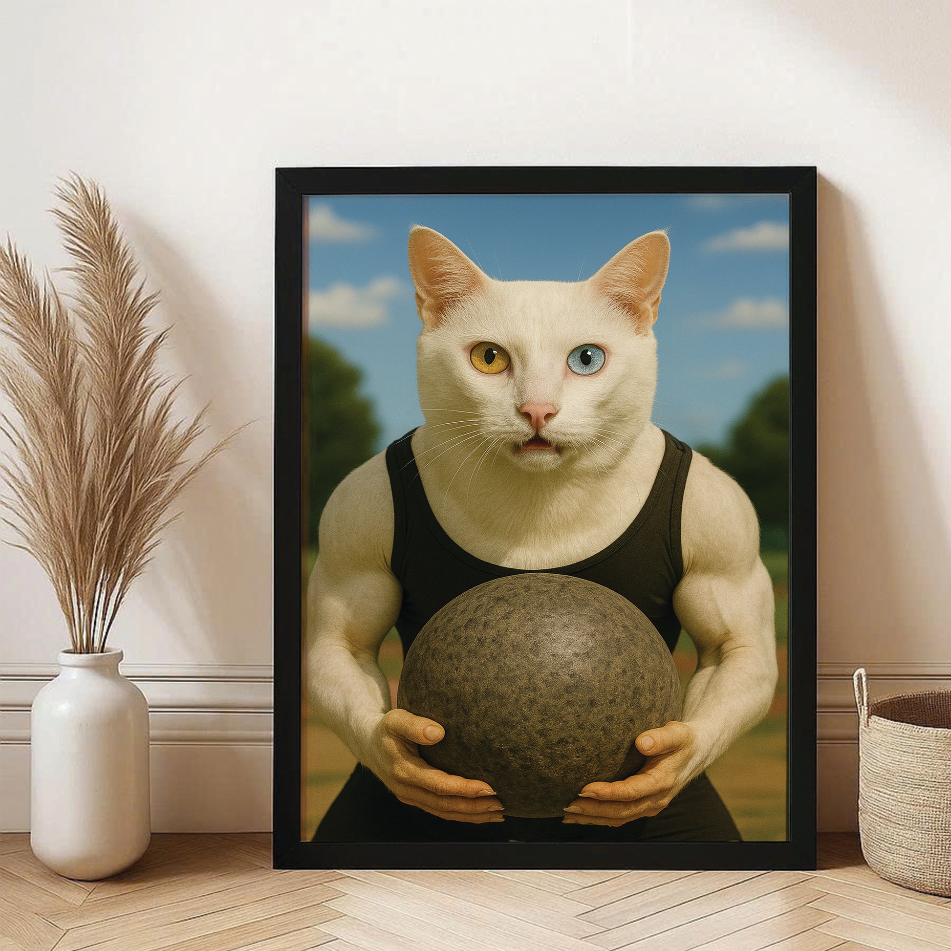 Custom Photo Strongman Cat Canvas Framed Wall Art Gift For Cat Lovers