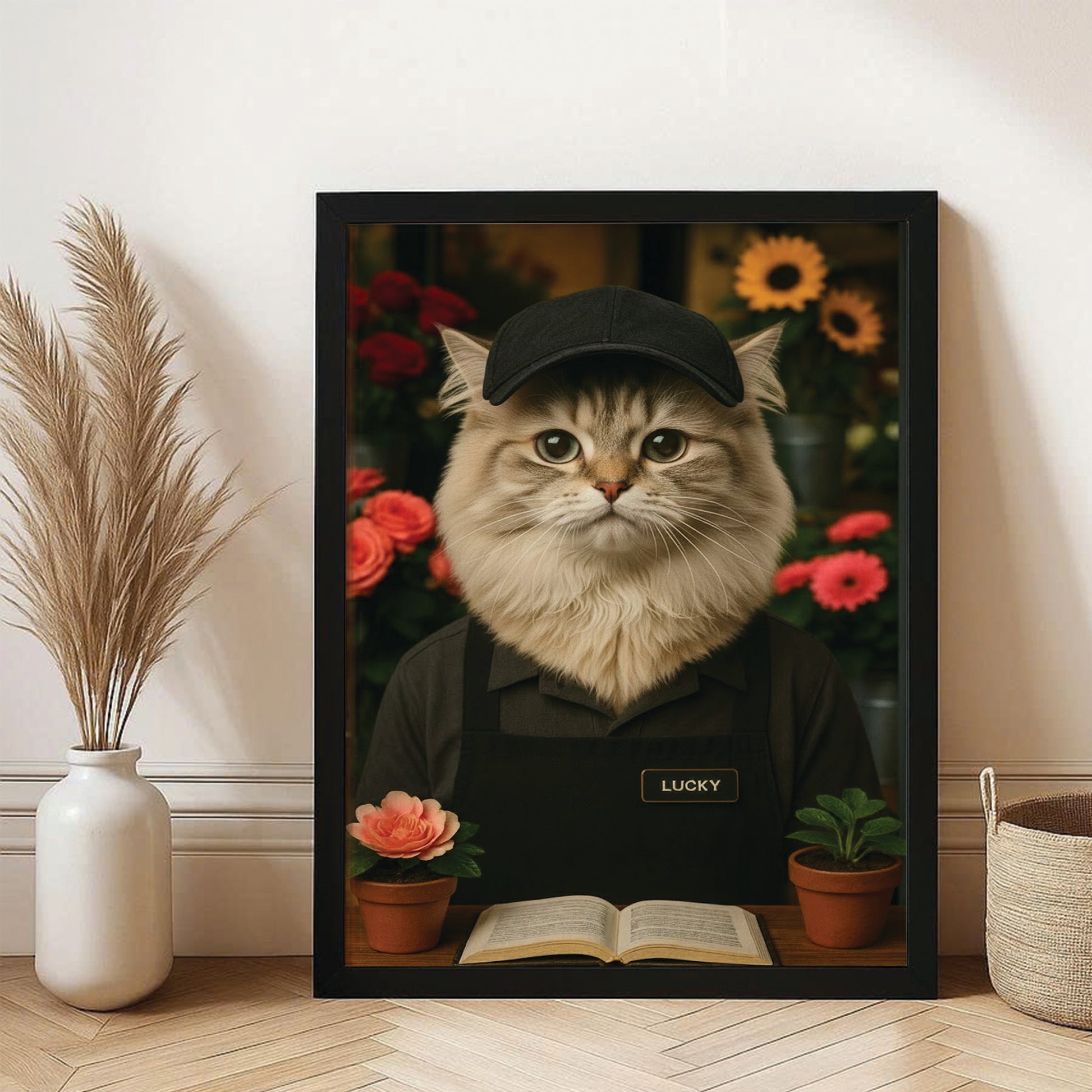 Custom Photo Flower Shop Florist Cat Canvas Framed Wall Art  Gift For Cat Lovers