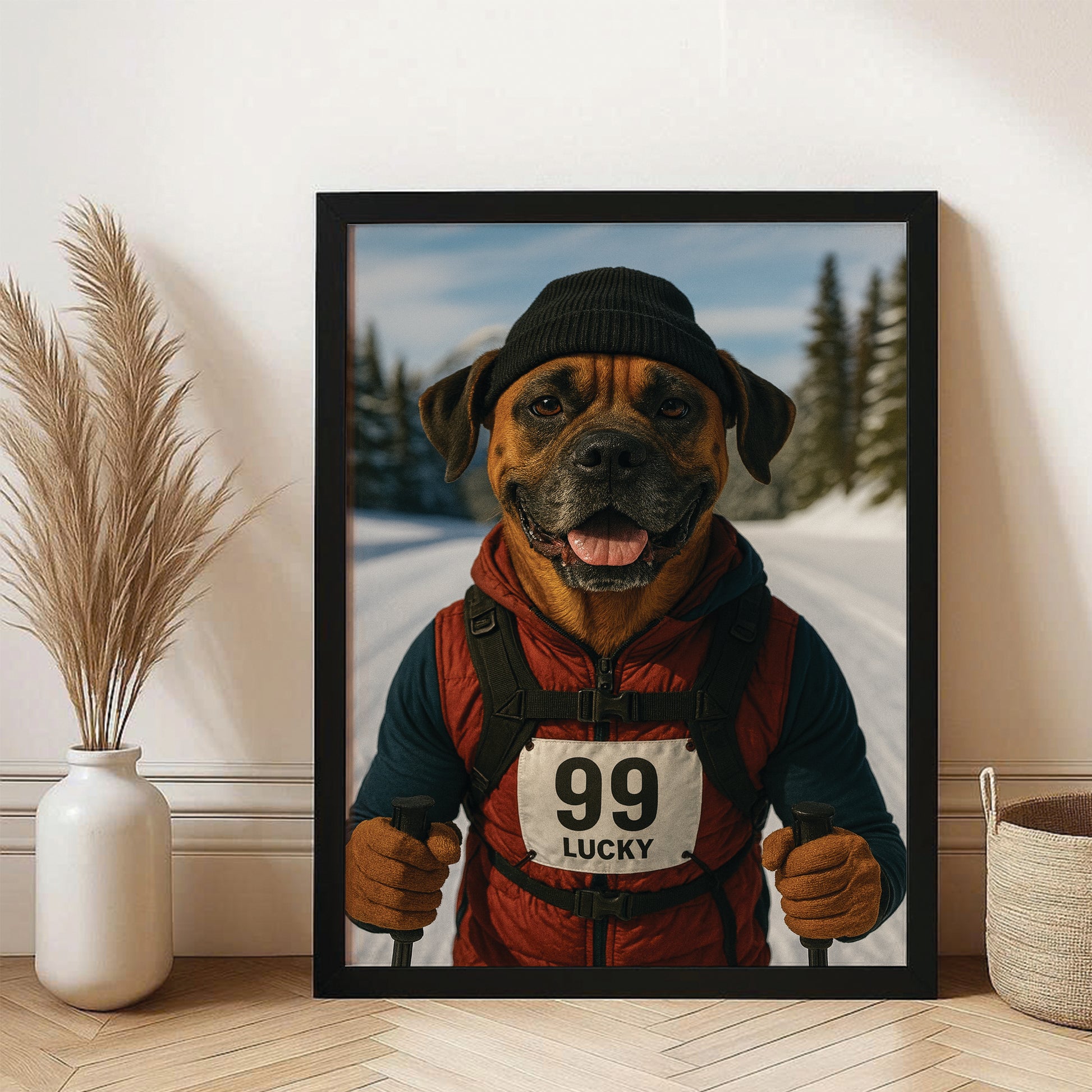 Custom Photo Cross Country Ski Dog Canvas Framed Wall Art Gift For Dog Lovers