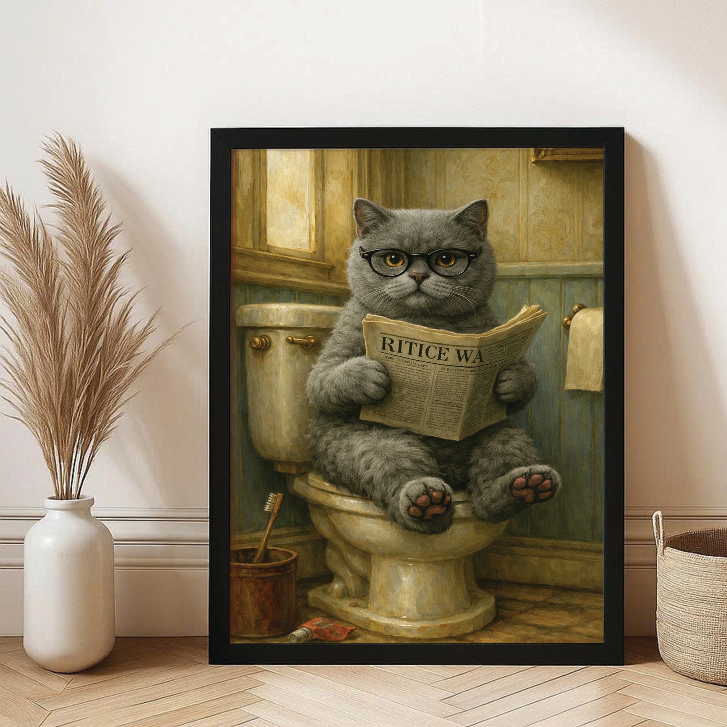 Custom Photo Cat In Bathroom Canvas Framed Wall Art Gift For Cat Lovers