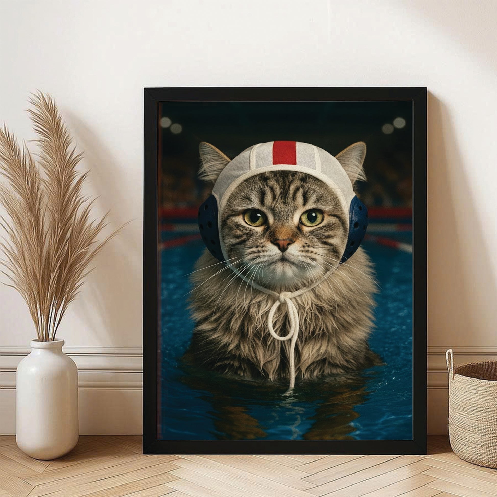 Custom Photo Swimmer Cat Canvas Framed Wall Art Gift For Cat Lovers