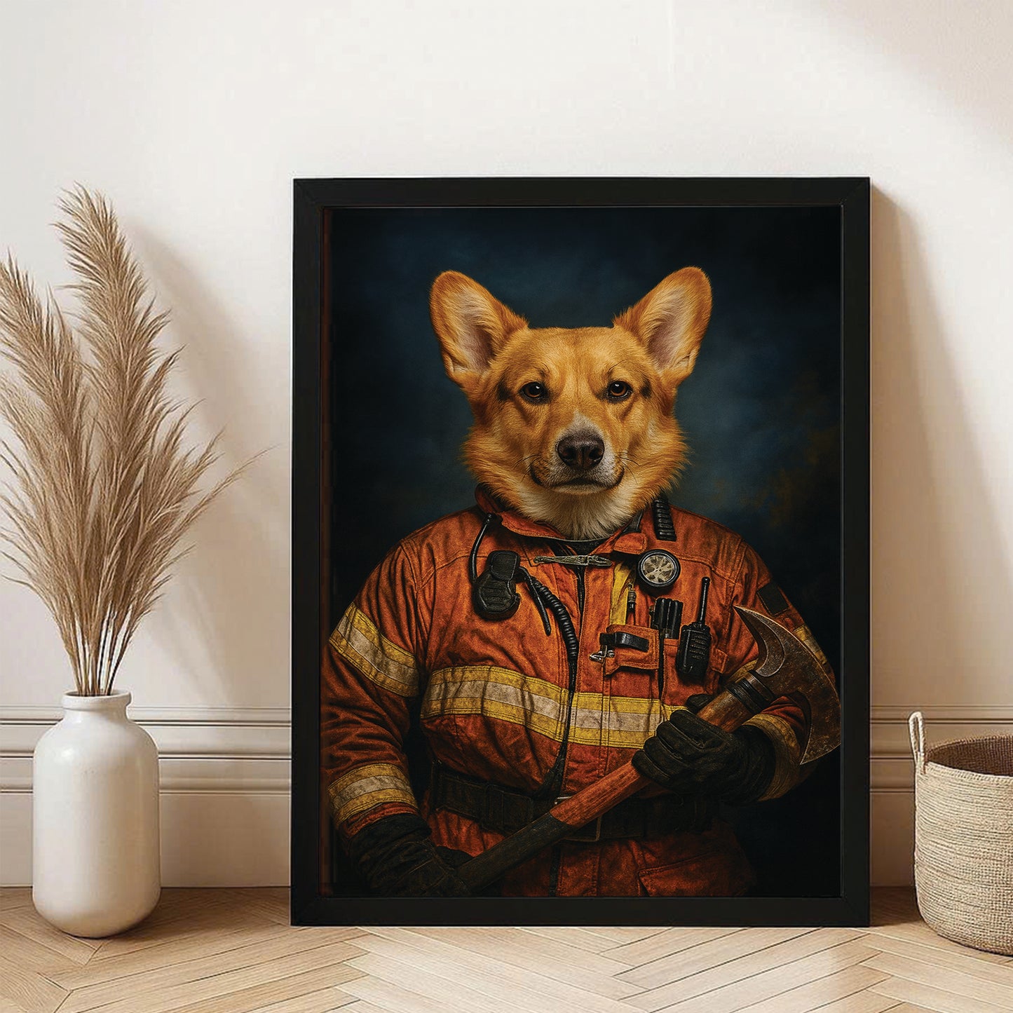 Custom Dog Photo Firefighter Canvas Framed Wall Art _ Gift For Dog Lovers