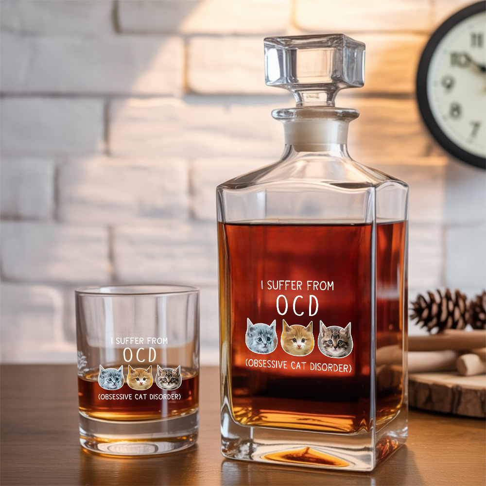 Custom Cat Photo I Suffer From Obsessive Cat Disorder Whiskey Glass And Decanter Set | Personalized Cat Photo | Pet Lover Gift
