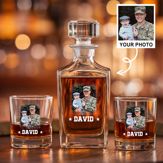 Personalized Photo Veterans Military Decanter With Whiskey Glass | Military Soldier Gift | Patriotic Gift for Veterans