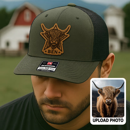 Personalized Cow Photo Leather Patch Hat | Custom Farm Trucker Hat | Gift For Farm Lover THUC99