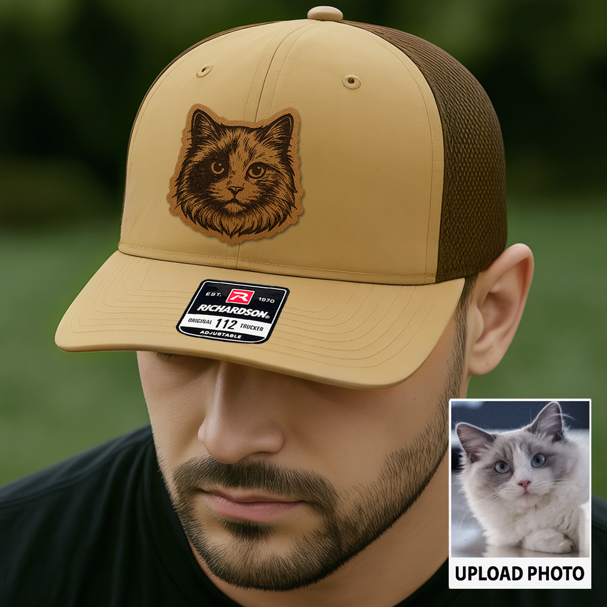 Custom Pet Photo Trucker Hat – Personalized Leather Patch Hat – Cat Portrait Gift – Custom Pet Face Hat P99A13