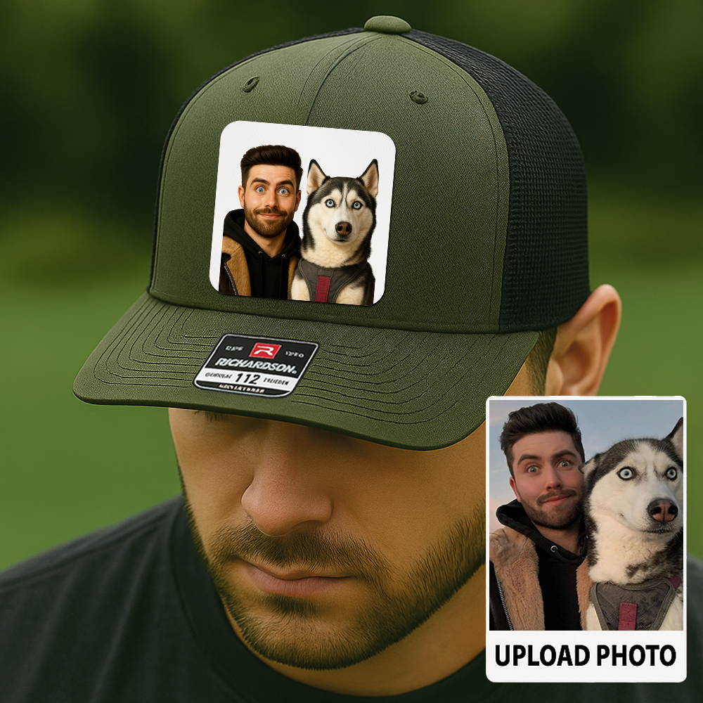 Custom Dog Lover Trucker Hat – Personalized Cap with Pet Photo on Leather Patch – Gift for Pet Owners TH9916