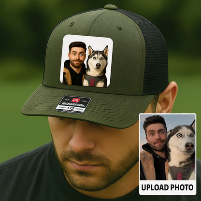 Custom Dog Lover Trucker Hat – Personalized Cap with Pet Photo on Leather Patch – Gift for Pet Owners TH9916