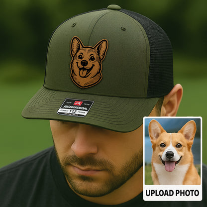 Custom Pet Photo Trucker Hat – Personalized Leather Patch Hat – Dog Portrait Gift – Custom Pet Face Hat P99A9