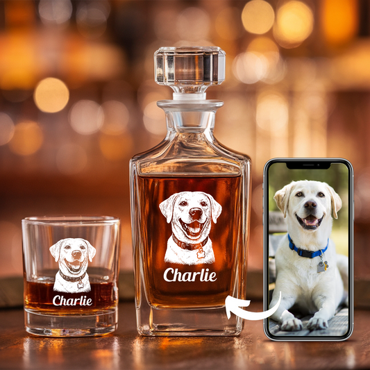 Custom Dog Photo Whiskey Glass And Decanter Set | Personalized Dog Photo Decanter | Gift For Dog Lover | Pet Memorial Gift TNN08